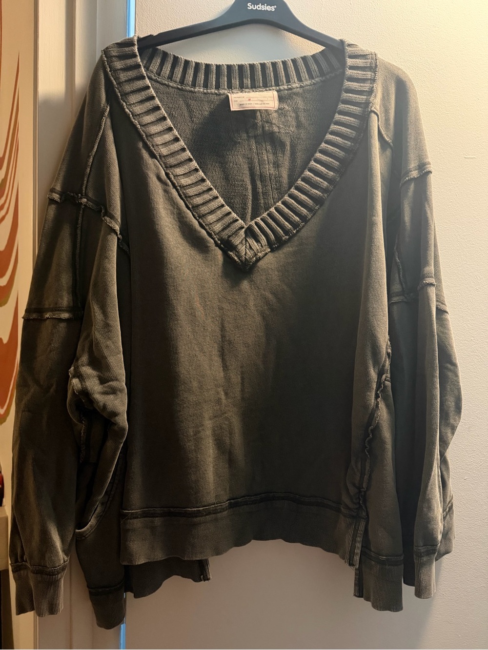 We the Free Wasged Olive/Gray V-Neck Oversized Sweater